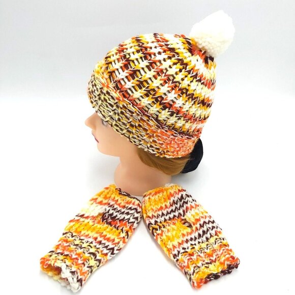 Handmade Loom Knit Fingerless Gloves Beanie Hat Toque Pompom Size Small Autumn - Picture 3 of 16